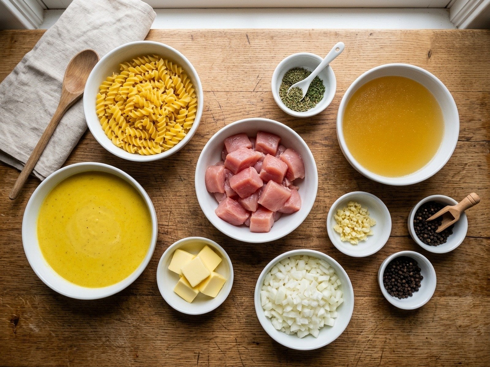 Raw ingredients measured and arranged in small prep bowls