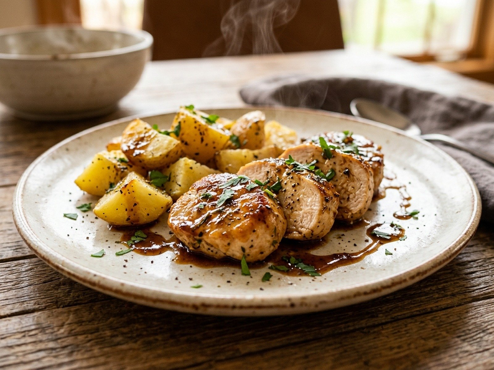 Plated fork-tender garlic butter chicken medallions and golden potatoes drizzled with velvety glossy pan jus reduction