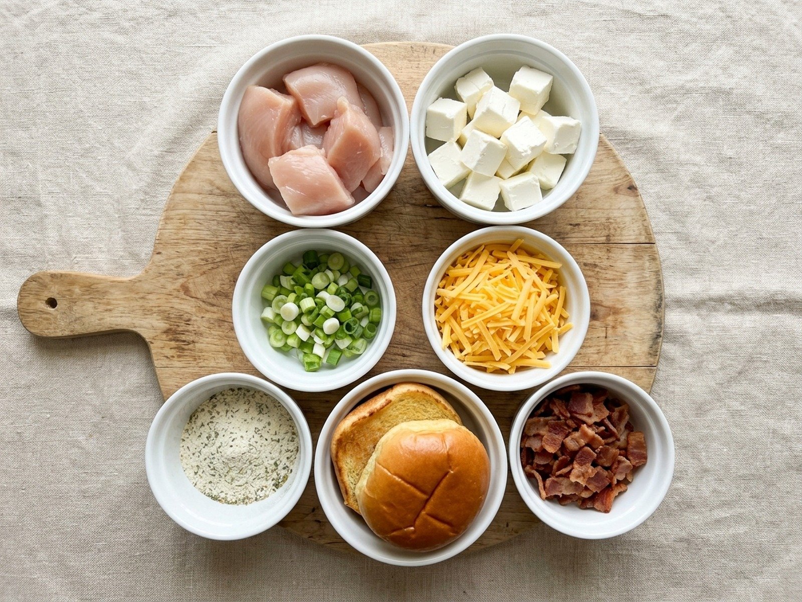 Overhead flatlay mise en place of raw measured ingredients for bacon ranch chicken sandwiches