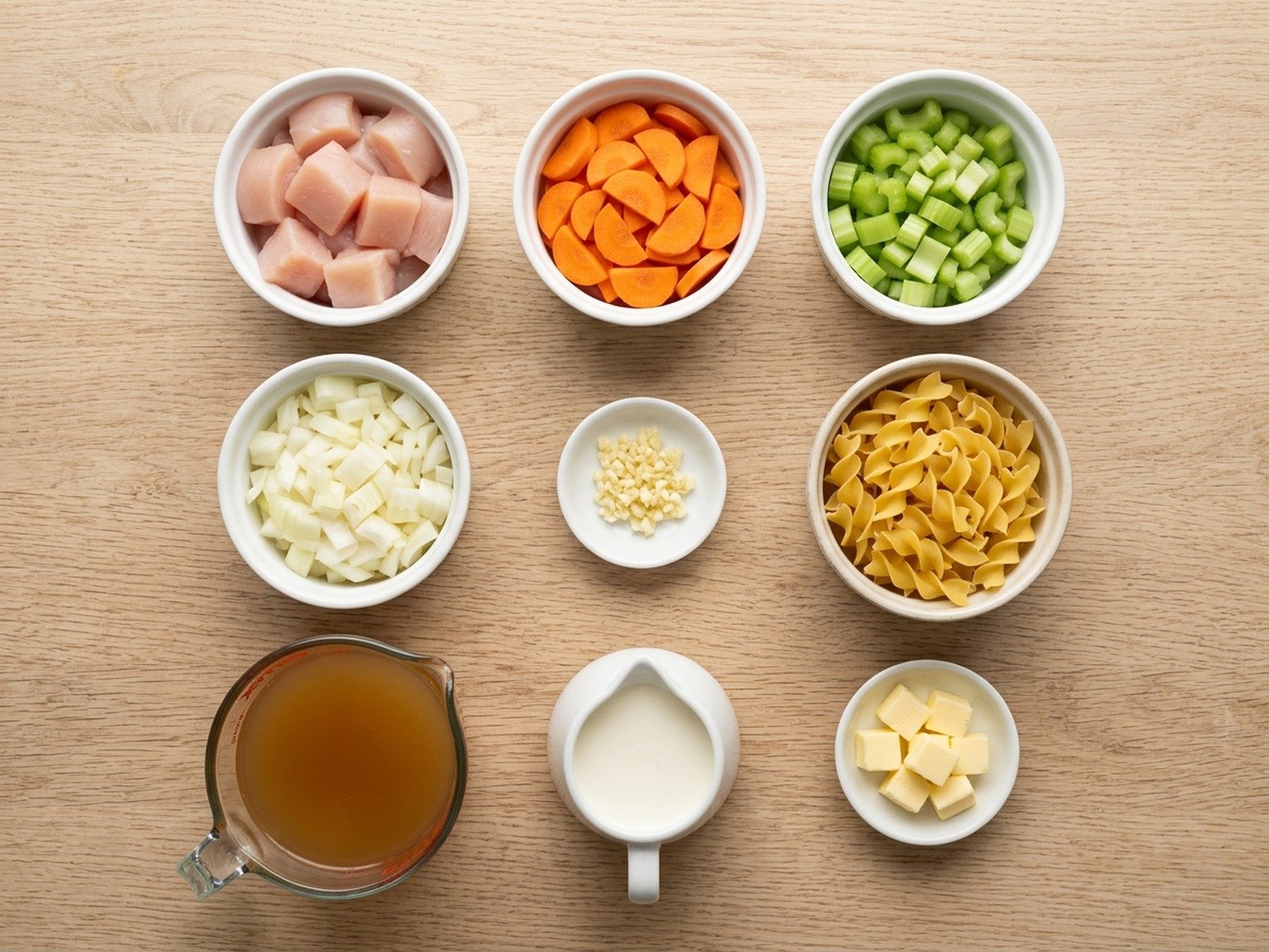 Overhead flatlay mise en place of raw measured soup ingredients