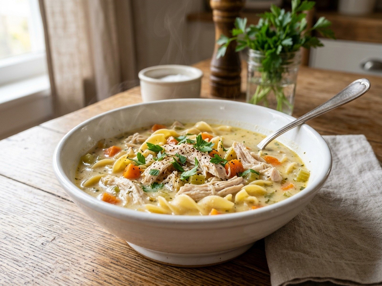 Steaming bowl of creamy chicken noodle soup garnished with fresh flat-leaf parsley