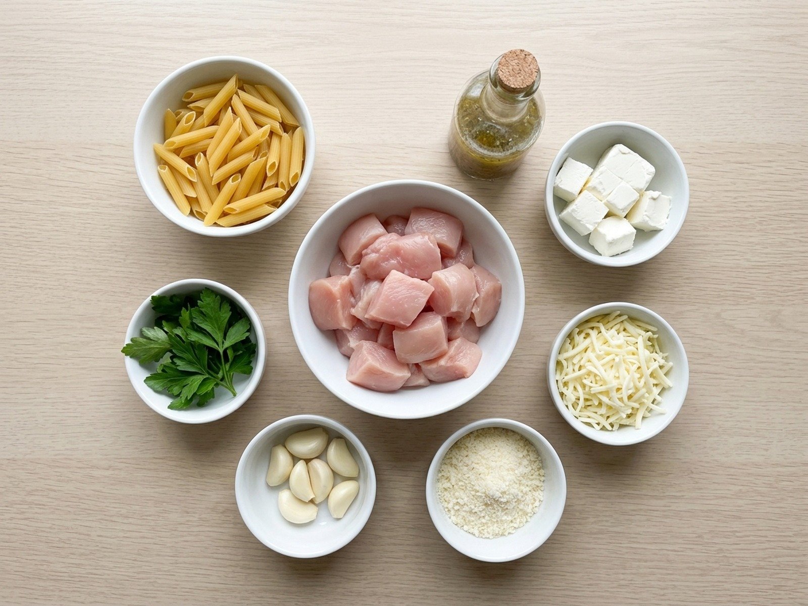 Mise en place of raw ingredients in prep bowls