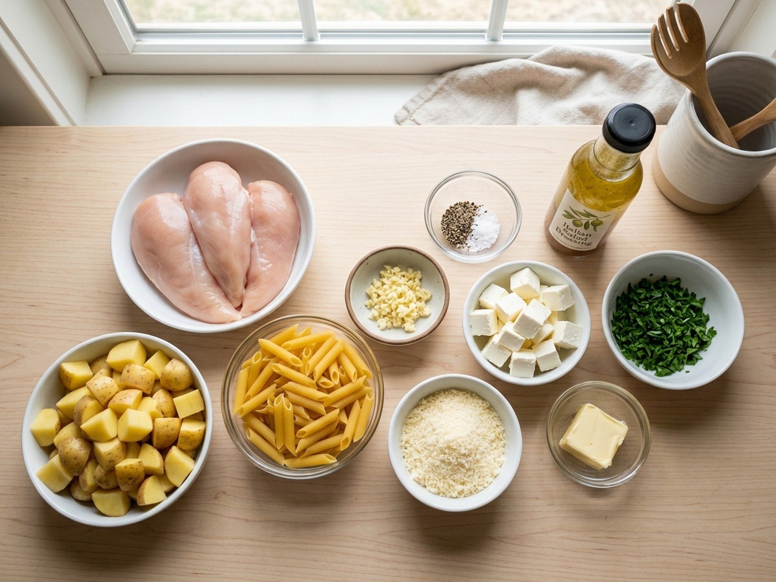 Overhead flatlay mise en place of raw measured ingredients for Olive Garden chicken pasta