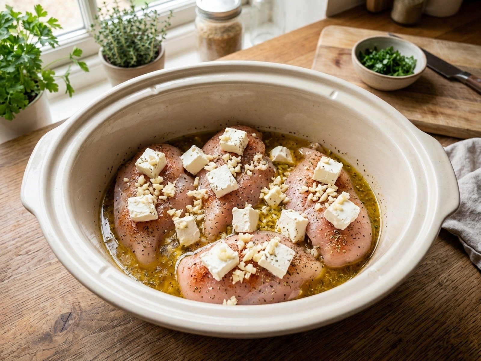 High angle process view looking down into slow cooker with chicken, dressing, garlic, and cream cheese cubes